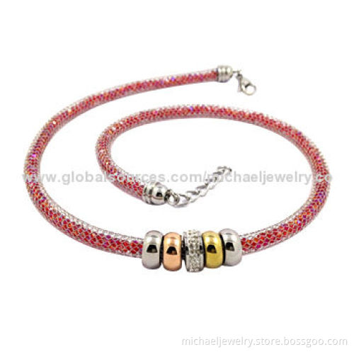 Stainless steel necklaces with interval of IP gold and rose gold plating, with crystals